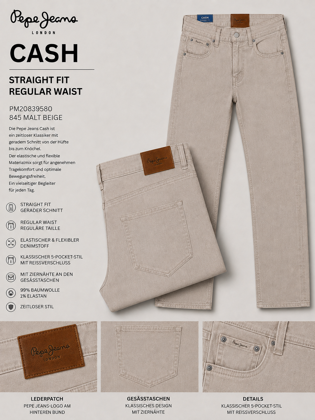 Pepe Jeans - Cash Straight Fit Regular Waist in Malt Beige
