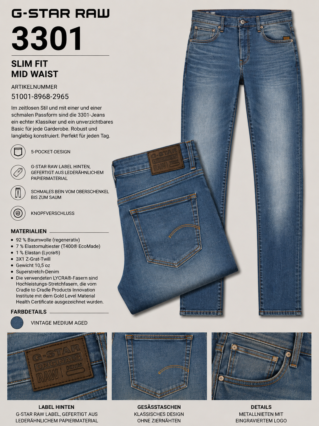 G-Star - 3301 Slim in Vintage Medium Aged